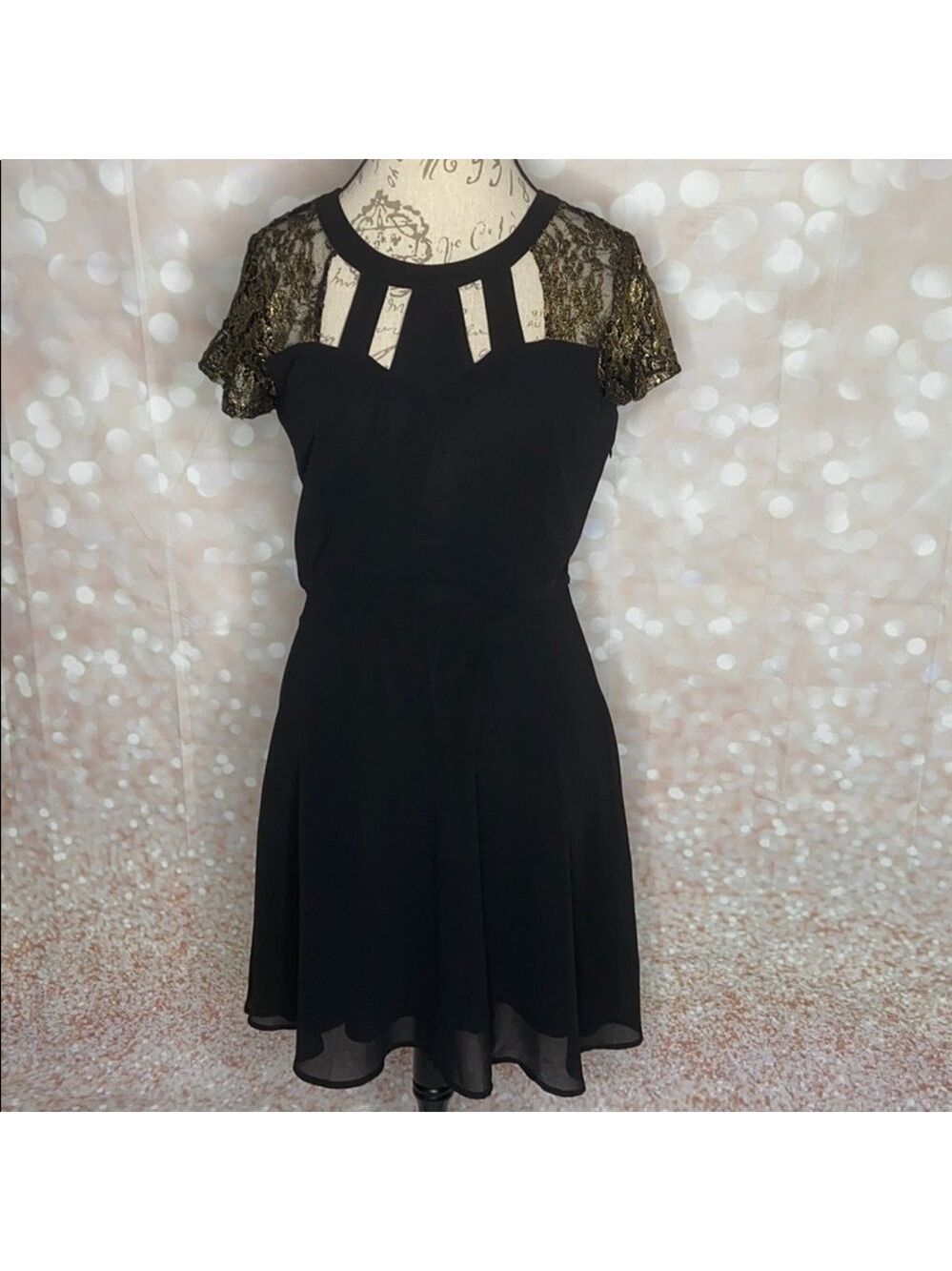 Sugarhill Boutique Black Dress with Gold Lace Size 10